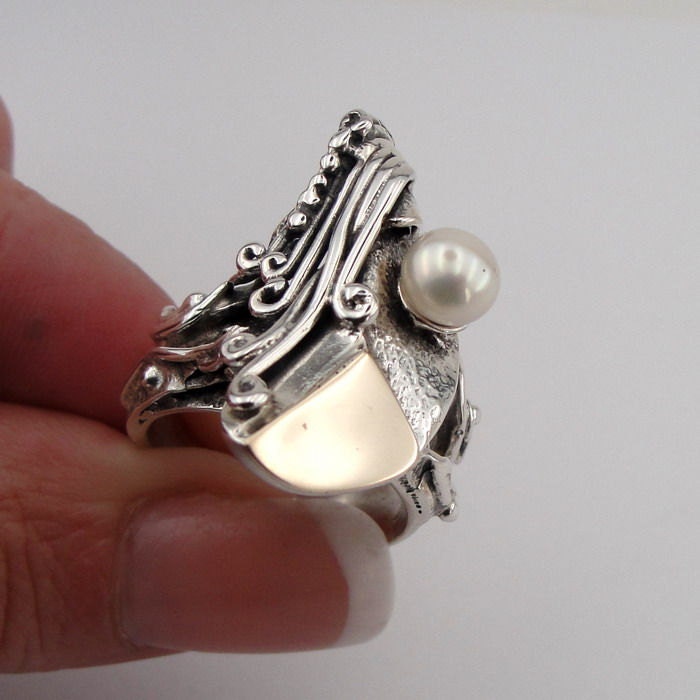 Fine Beautiful Silver 9K Yellow Gold Pearl Ring size 8 (s r510A)