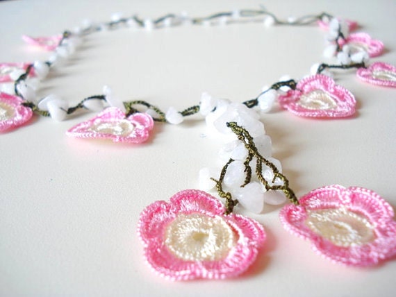 Crochet Necklace with Stone Beads, Pink