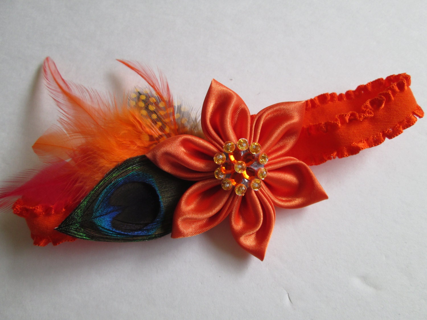 Wedding Garter, Prom Garter, Orange Garter, Orange Feather Garter, Peacock Garter, Orange Elastic Garter for Destination Bride