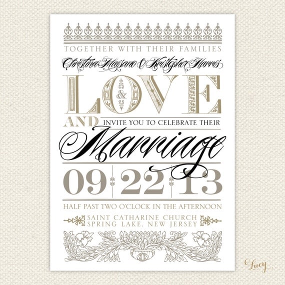 Vintage Gold Love and Marriage Wedding Invitation Suite, Purchase for a Sample of Package 1