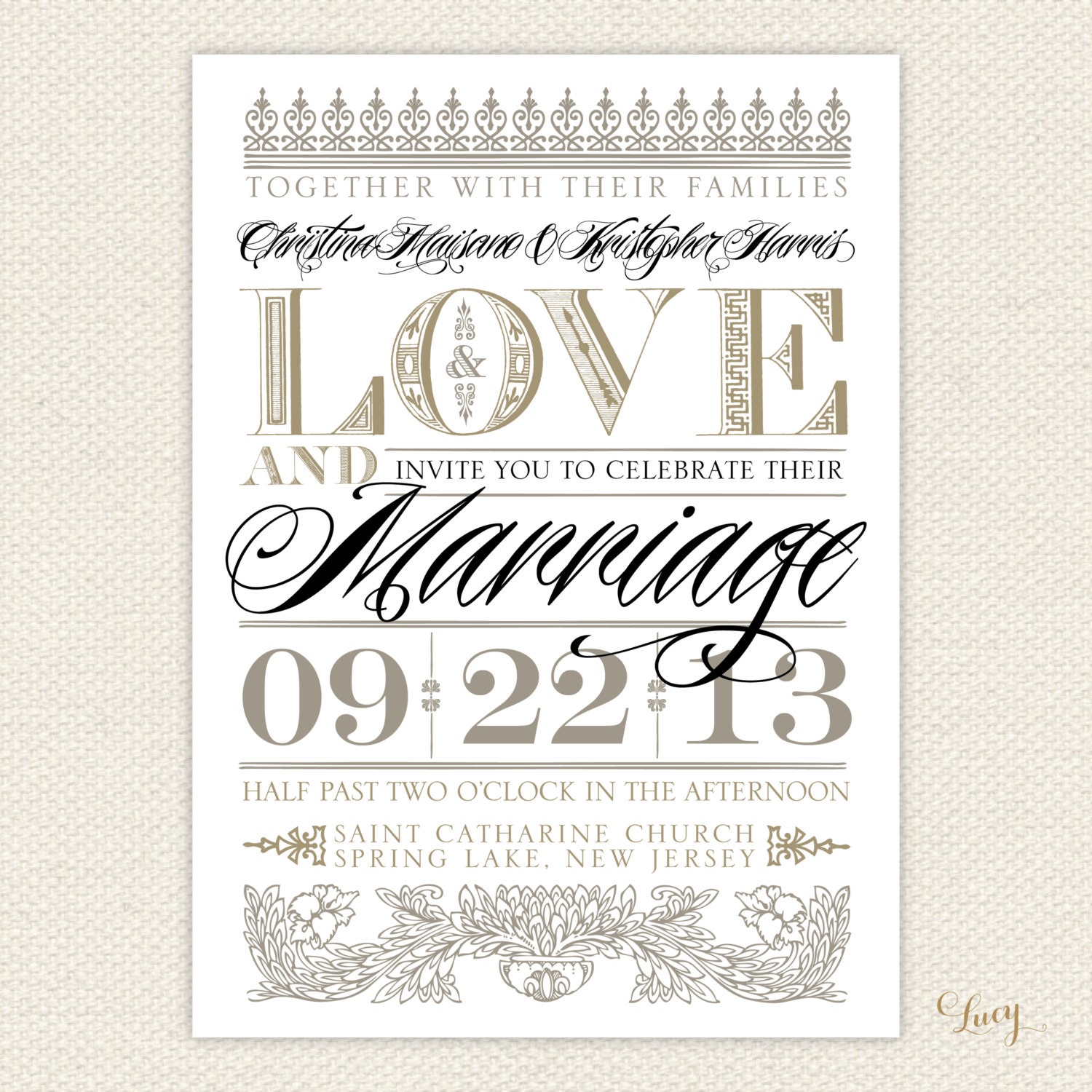 Vintage Gold Love and Marriage Wedding Invitation Suite, Purchase for a Sample of Package 1