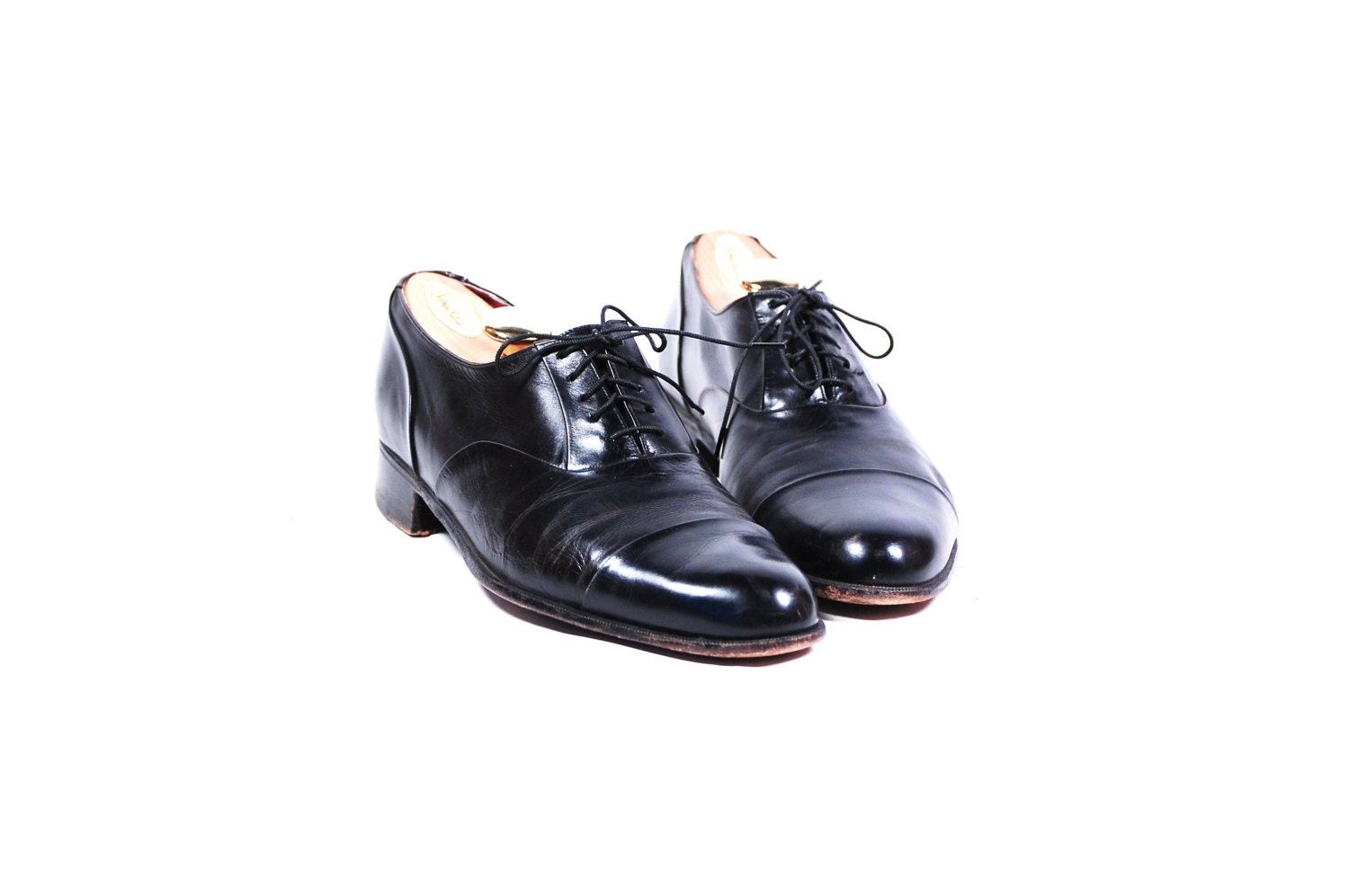 Vintage Mens US 9 1/2 Florsheim Royal Impeial Black Leather Cap Toe Oxford Dress Dhoes