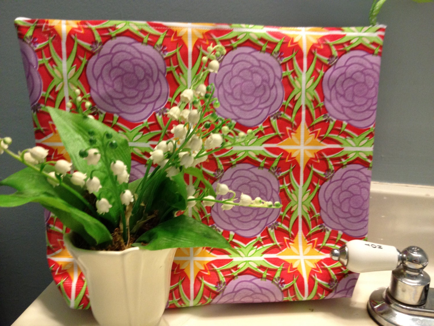 Large Waterproof Cosmetic Bag or Wet Bag of Oilcloth in Red Yellow Green Purple Mosaic with Lime Green Polka Dot Interior