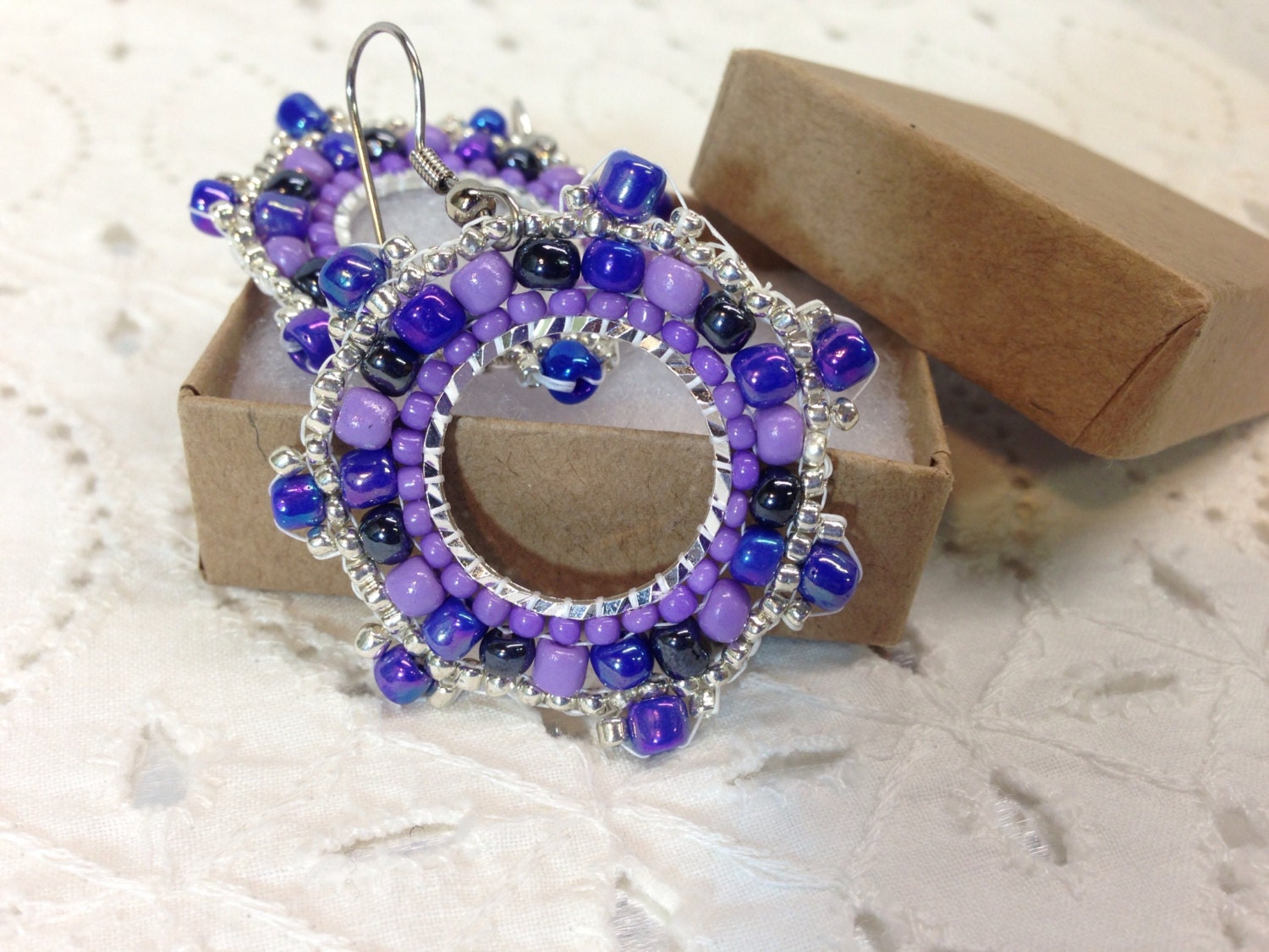 Purple, Black and Silver beaded Earrings, Monochromatic Beadwork, Drop, Dangle, Handmade, Weddings, Bridal Accessories