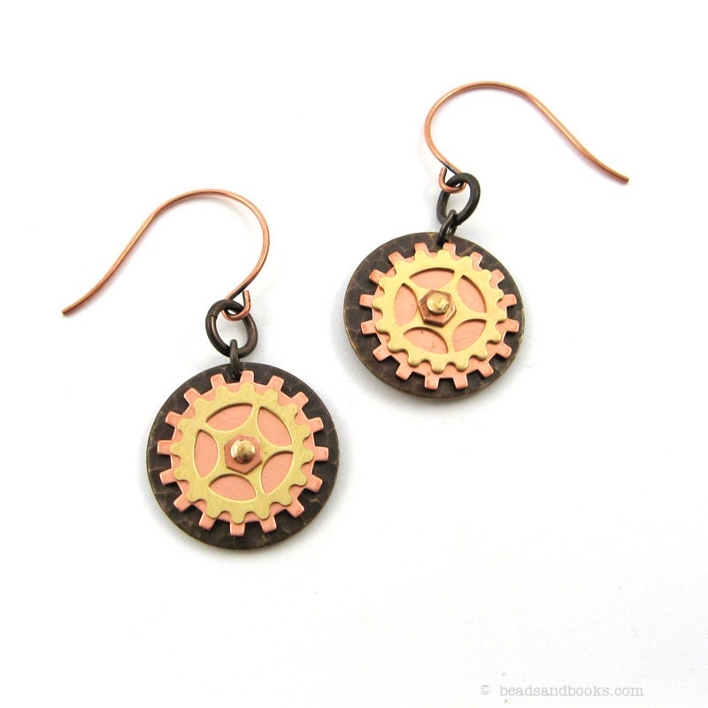 Steampunk Gear Earrings (Copper & Brass Mixed Metal Jewelry)