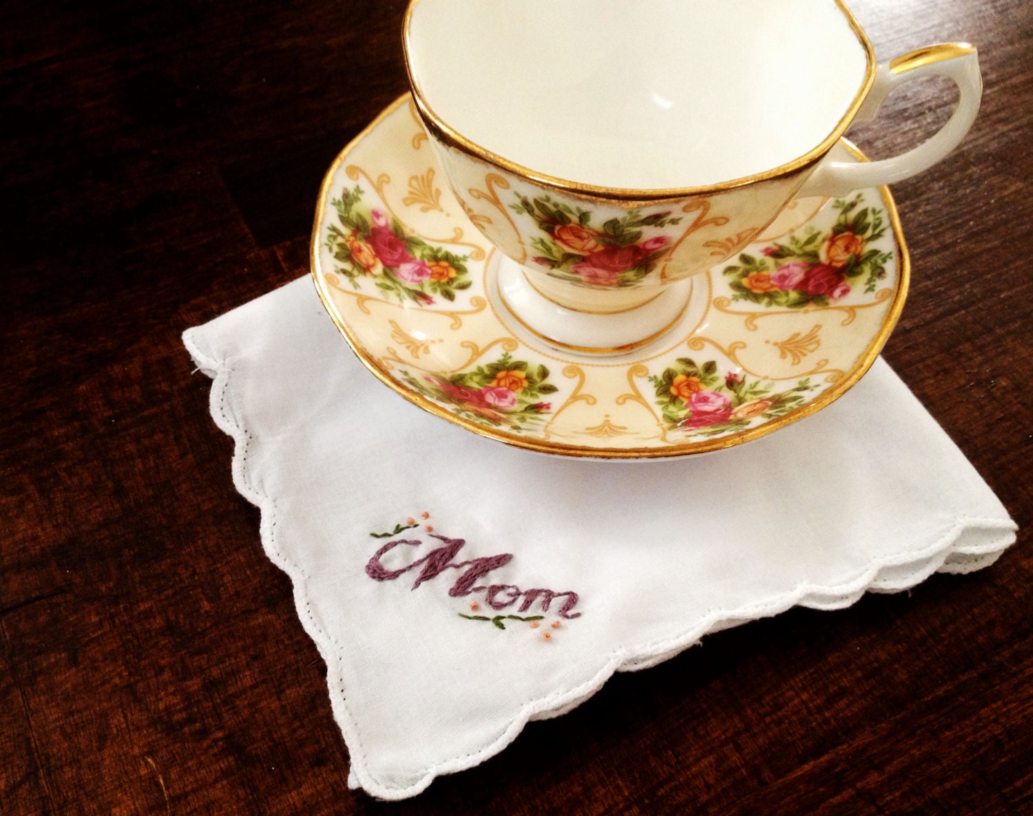 Mom - Hand-Embroidered Handkerchief - Custom Order