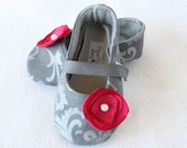 GREY DEMASK-Couture Magenta Flower, Mary Jane Baby Girl Booties, Soft Soled, Cloth, Fabric