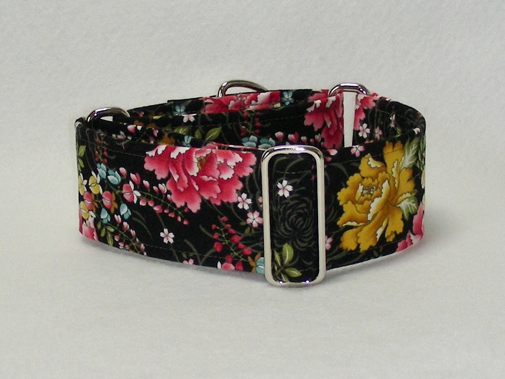 2 Inch Martingale, Sighthound Collar, Greyhound Martingale, Pink and Gold Flowers on Black