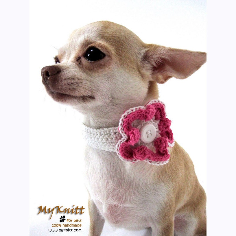 Pink Flower Handmade Crochet Dog Necklace Choker Collar Pet Apparel by Myknitt DN1 Free Shipping