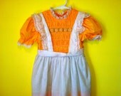 Vintage 1950s Girls Pinafore Floral and Eyelet Embroidered Ruched Smocked Bodice Sweet and Charming Dress