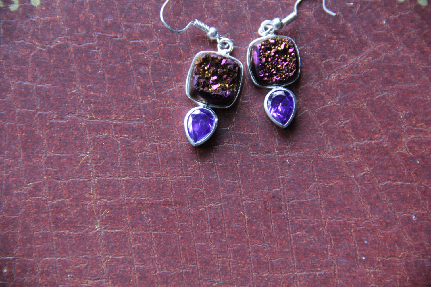 titanium druzy earrings with cubic zirconia violet burgundy gasoline rainbow colors