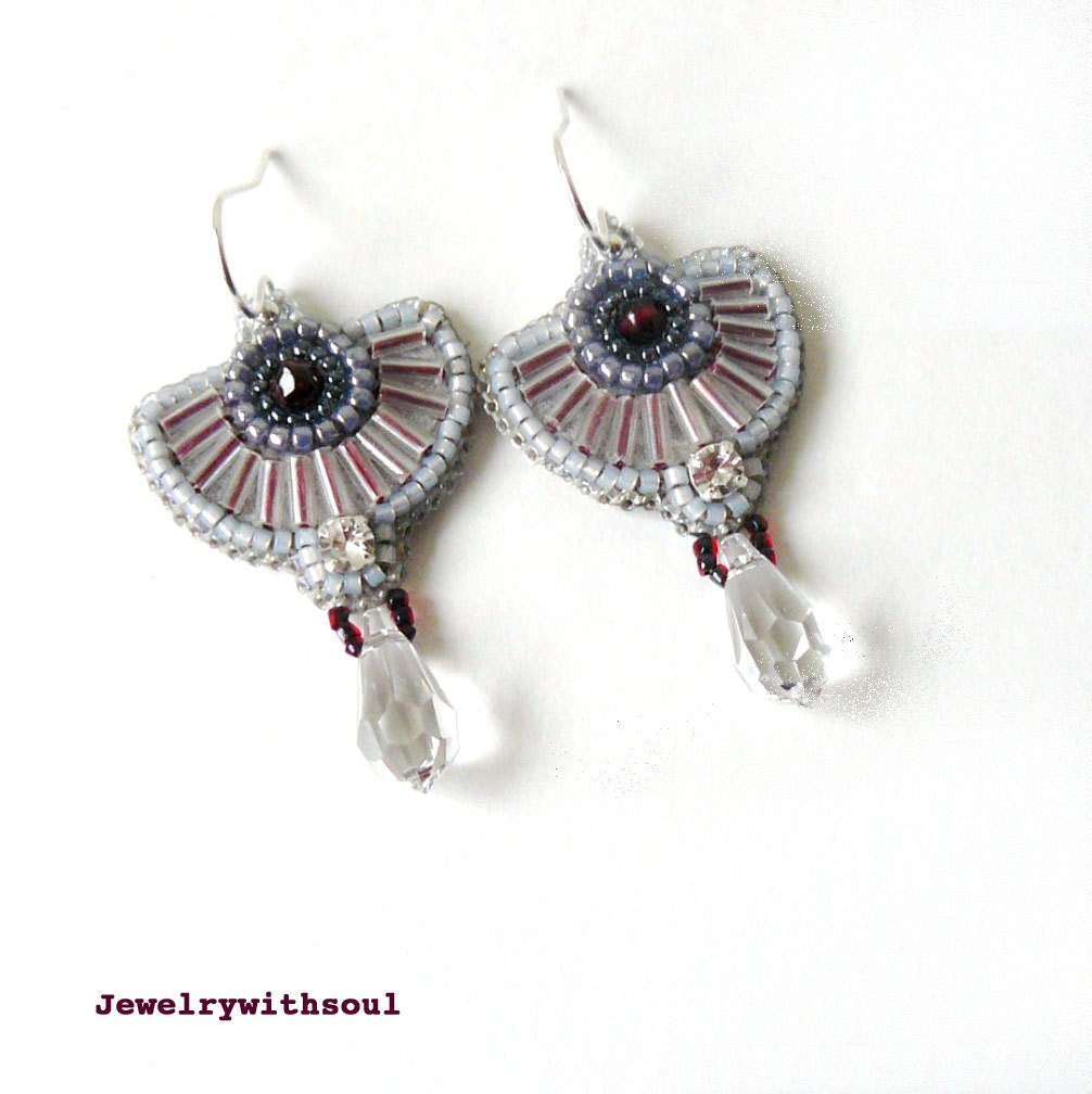 Bead embroidery earrings with garnets and Swarovski crystal teardrops in grey opal white, dark red and sterling silver - Winter cherries