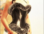 SOLD Latex Black and Silver snow fox faux fur corset boned bespoke overbust size UK 12 Bust 36 inches