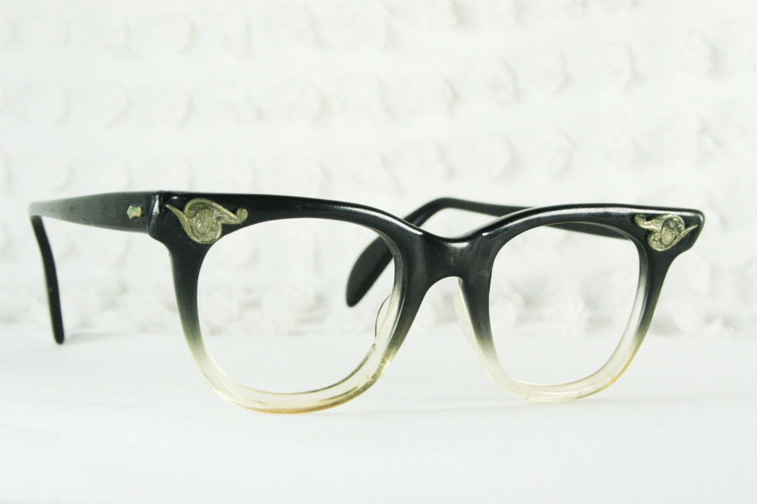 Vintage 50s Glasses 1950's Horn Rim Eyeglasses Silver Shield Black Clear Fade Classic Safety Frame 44/20 American Optical
