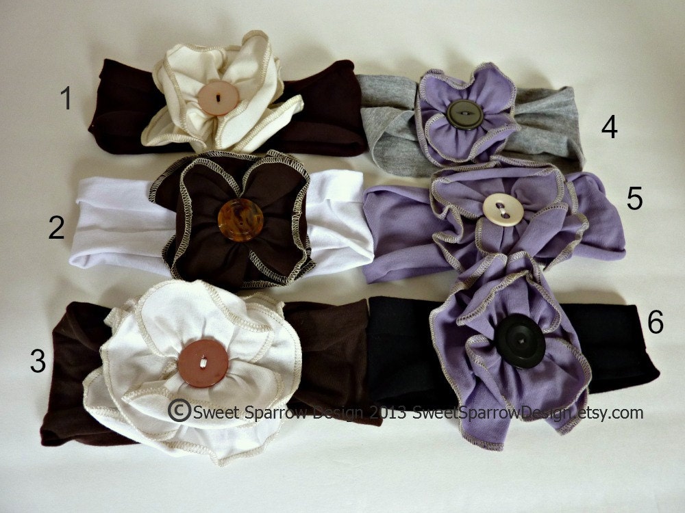 Brown Grey Violet JERSEY Headband with FLOWER and Vintage Button Baby Toddler Girl Repurposed Photo Prop