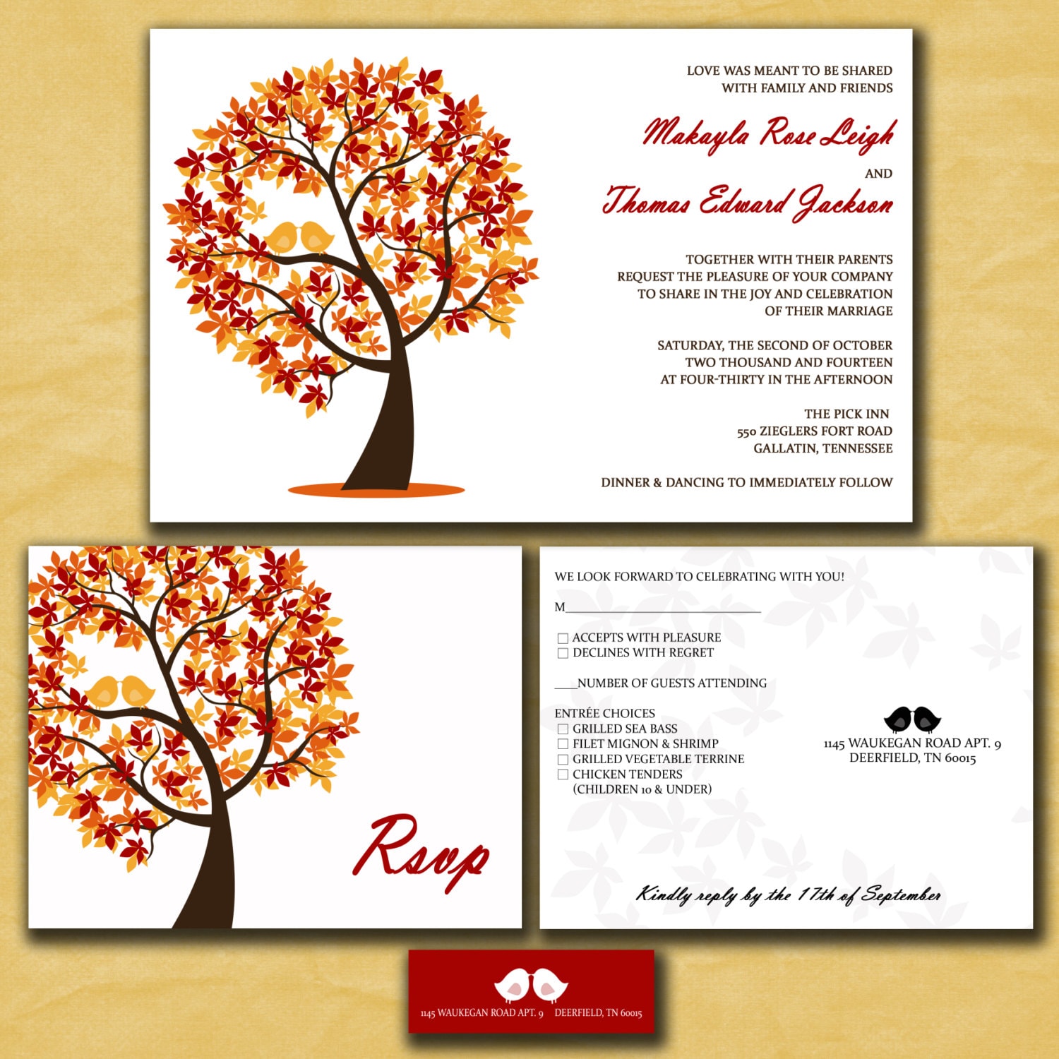 Fall Wedding Invitations – Autumn Wedding – Love Birds in a Tree – Custom Wedding Invites