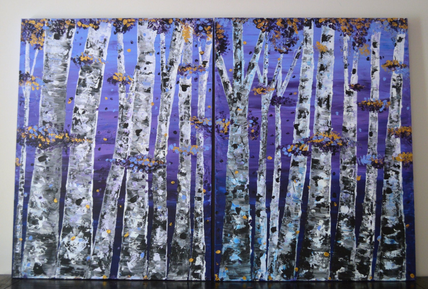 40x60 Large Room Art Textured Multi Panel Aspen Tree Purple Mountain Landscape by MyImaginationIsYours