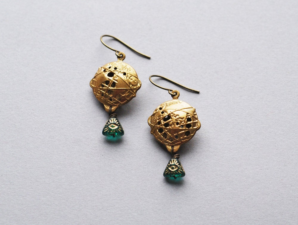no. 155 - vintage brass globe and green glass all-seeing eye earrings