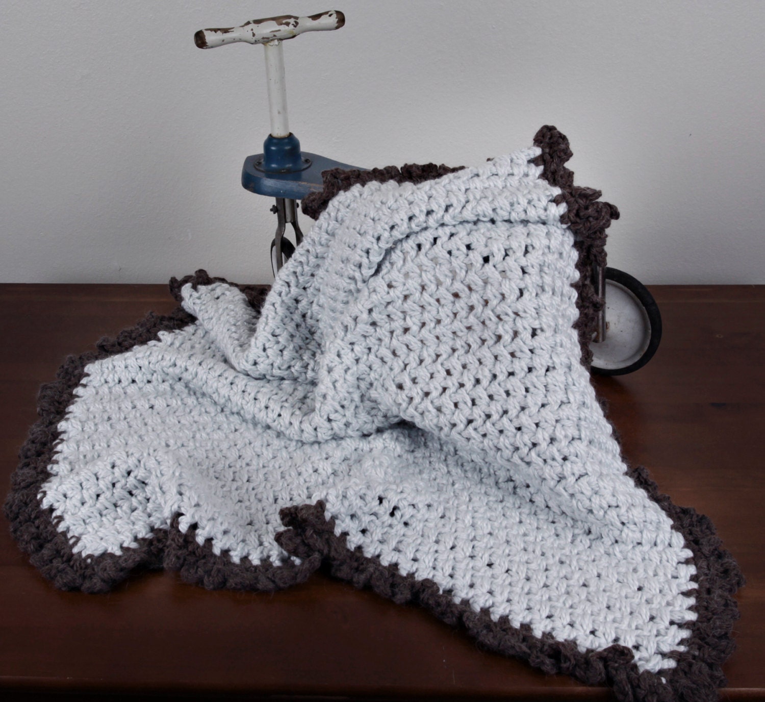 Handmade Crochet Blue and Brown Travel Size Baby Blanket Afghan Photography Prop Gift