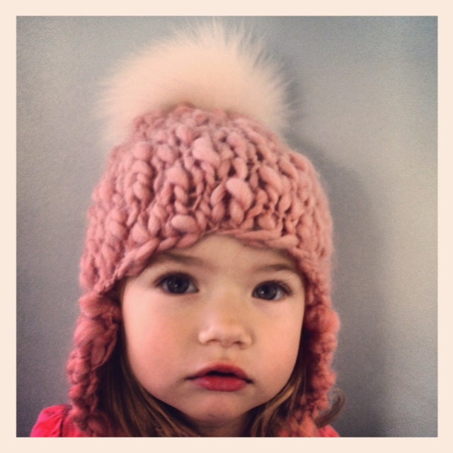 hat, beanie handknit alpaca wool and big fox pom pom