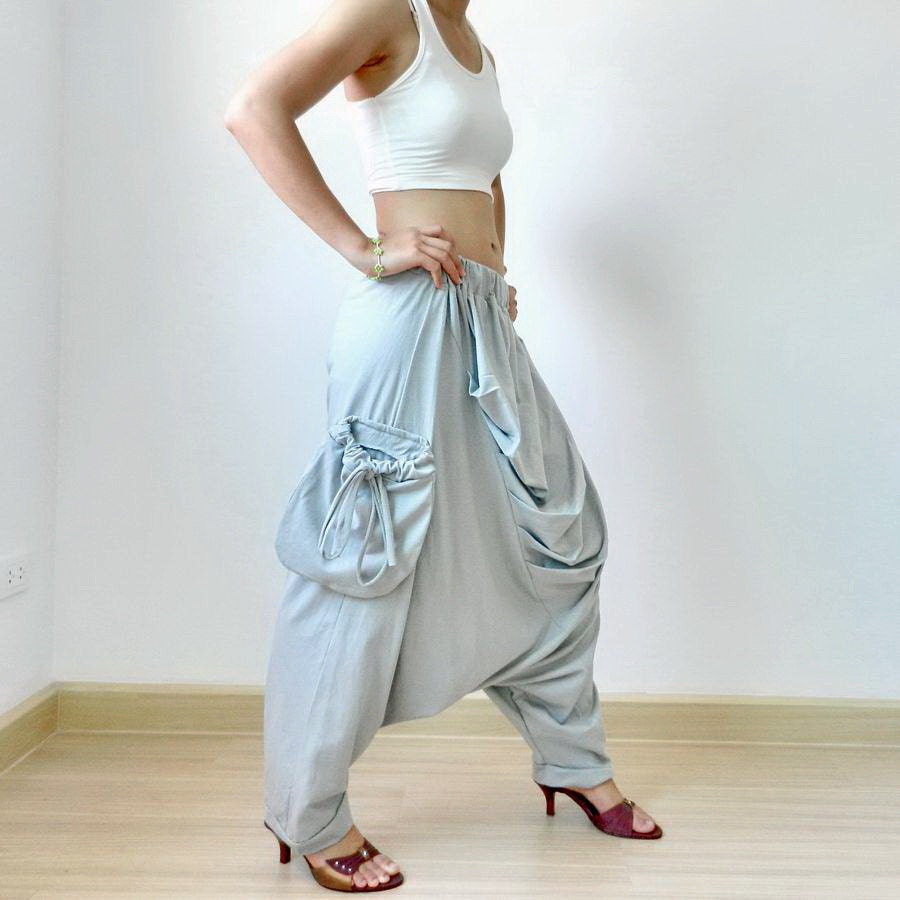 Comfortable Ninja Pleated pants,Unisex, Pale Grey Cotton Jersey.