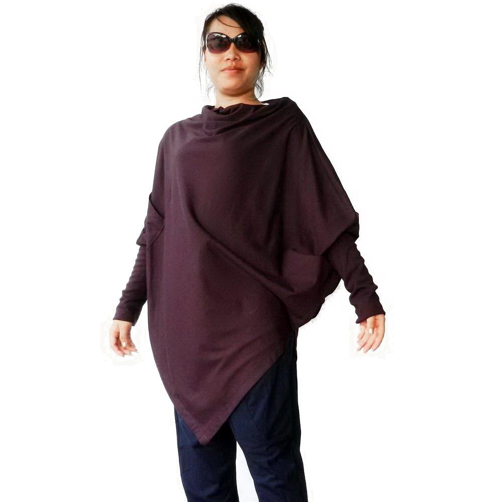 Ladies Poncho Top,Long Sleeve Unique Styling,Cotton Jersey Plum Color.