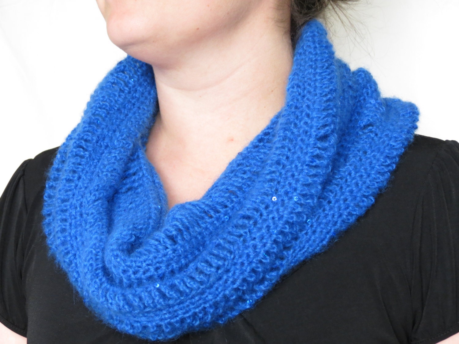 Infinity Cowl Scarf - Crocheted - Sapphire Sequin - Fashion - Handmade - Ready to Ship