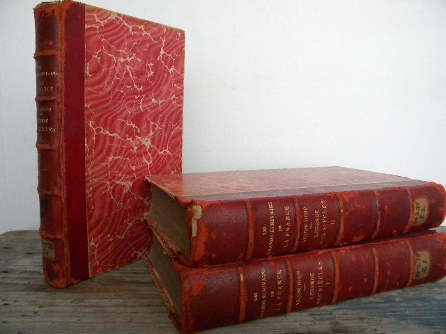 Victor Hugo. antique red leather french volumes. book collection. legends of the centuries.