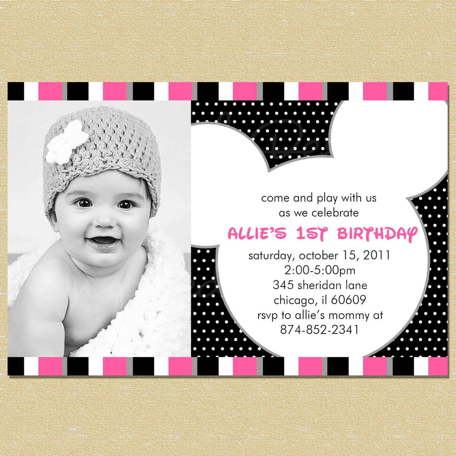 Mickey Mouse Pink, Gray, Black Stripes Birthday Invitation Il_570xn