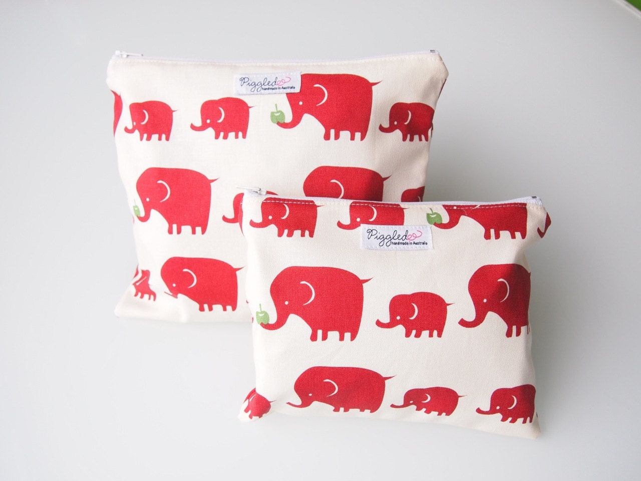 Set of Two Zippered Pouches: a Large and Small Wet Bag Pouches Makeup Bags - Red Elephant
