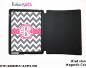 Personalized Monogram iPad 4 Case / The new iPad 3 / Monogrammed iPad Smart Cover / Flip Case / Magnetic Smart Case - Pink Gray Chevron