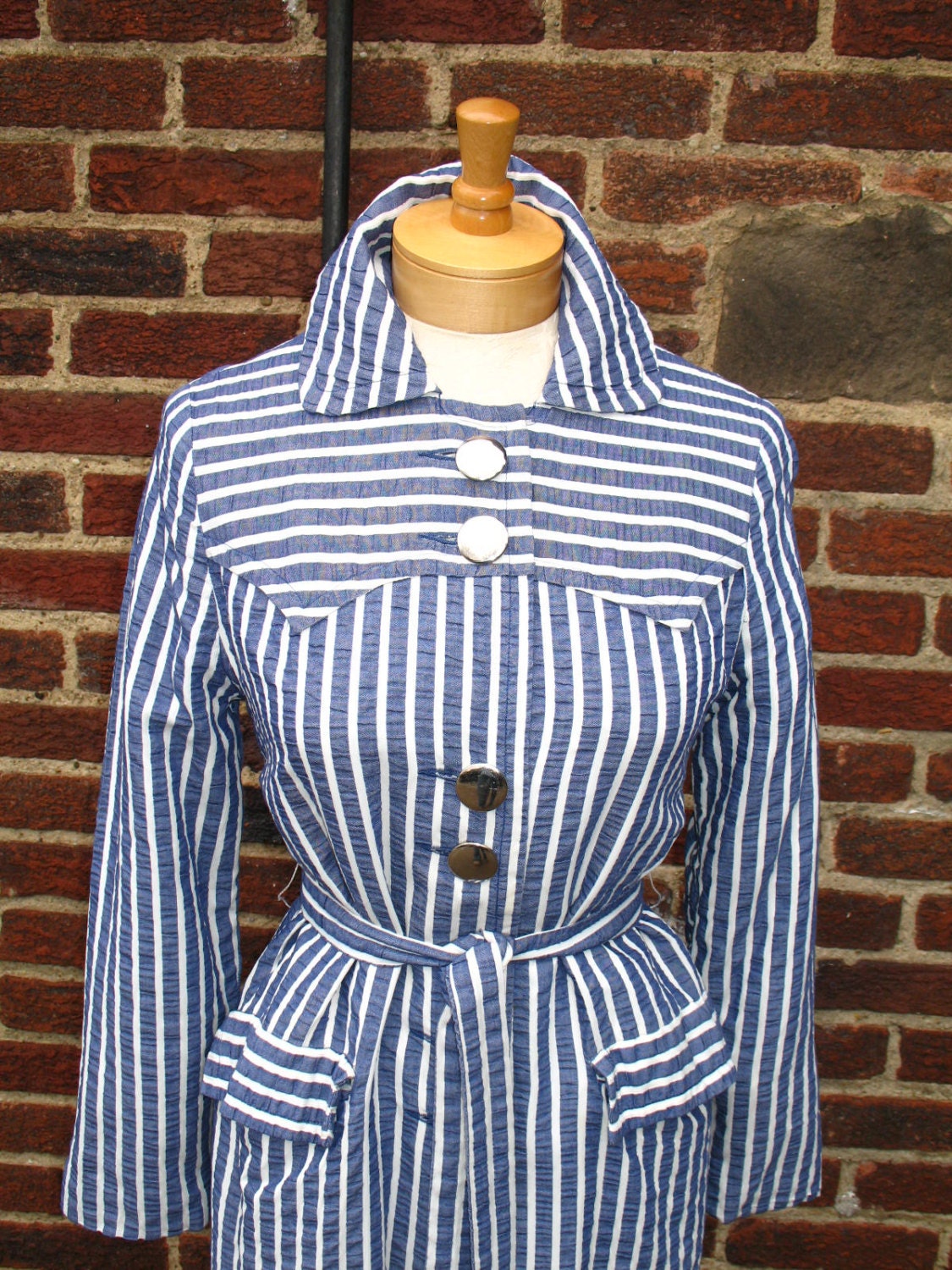 Vintage 60s Mod / Navy and White / Nautical / SeerSucker / Striped / Long Raincoat / Rain Paka Traveler by David Smith