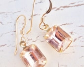 Smokey Rose Vintage Rhinestone Earrings - Petite Vintage Rosaline Glass, Peach, Dangle, Gold Filled, Shabby Chic
