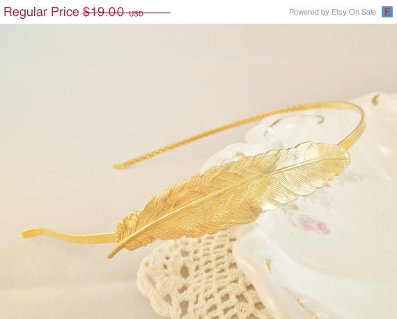 SALE 24K Gold Plated Feather Headband - Bridal Headband, Tiara, Gold Brass Feather, Shabby Chic - hangingbyathread1