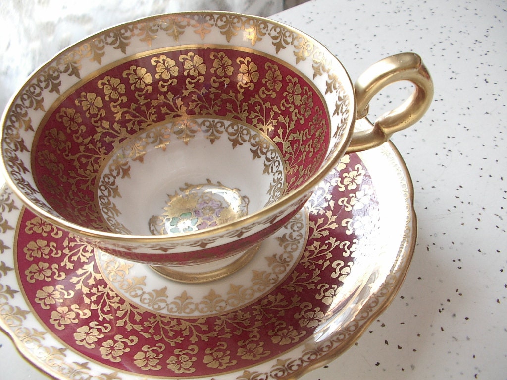 Antique red and gold English tea cup set, vintage Royal Stafford bone china tea cup, hand painted flowers tea set