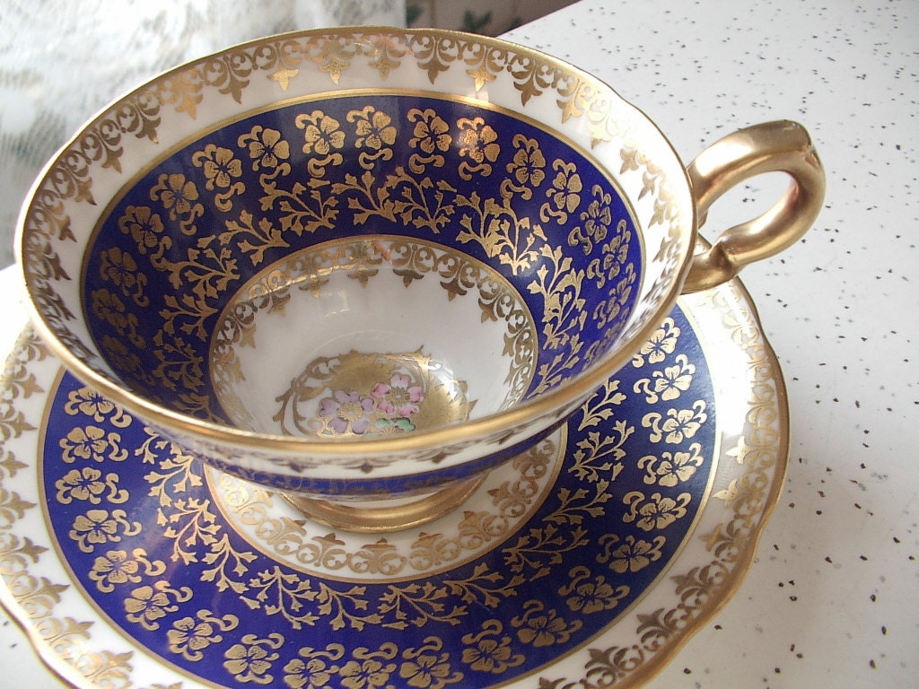 Antique English tea cup set, vintage Royal Stafford bone china tea cup, blue and gold tea set, hand painted flowers