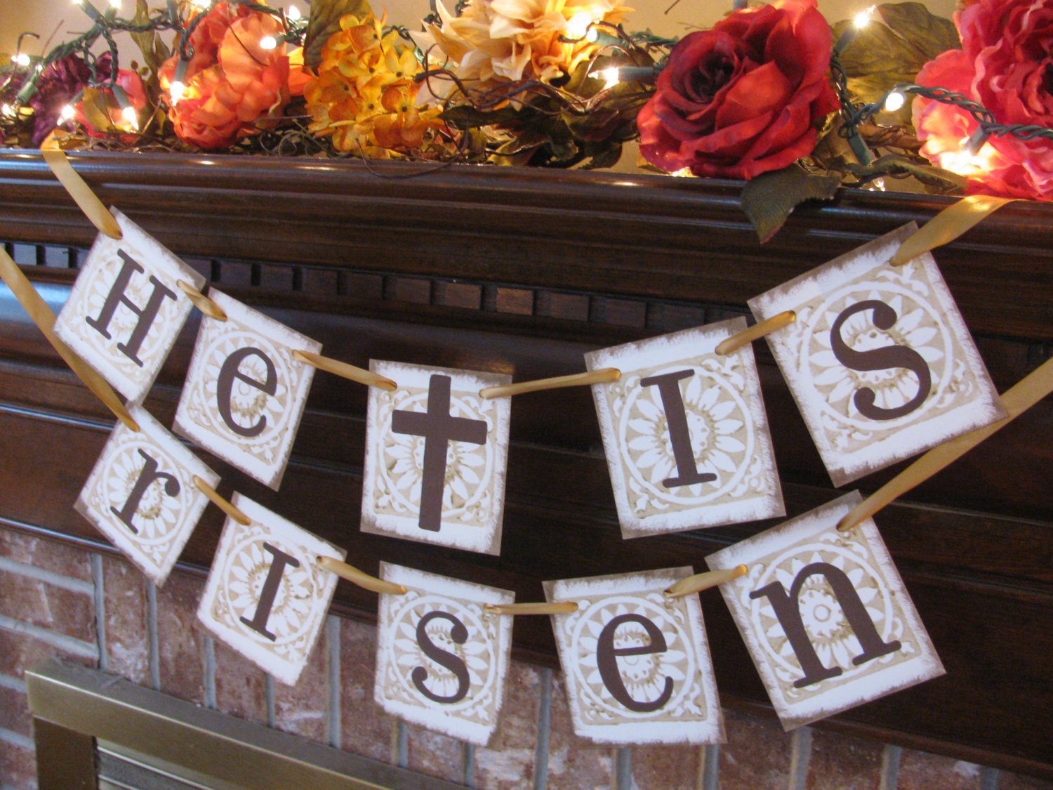 Easter Banner He is Risen Garland Sign Brown and Gold Can Custom Colors