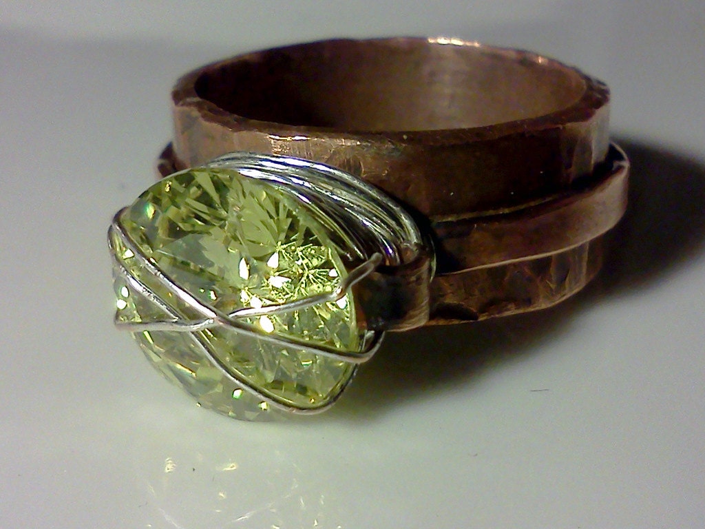 OOAK Wide Copper Ring with outer band, Peridot CZ wire wrapped...Green with Envy - AndreaDurhamDesigns