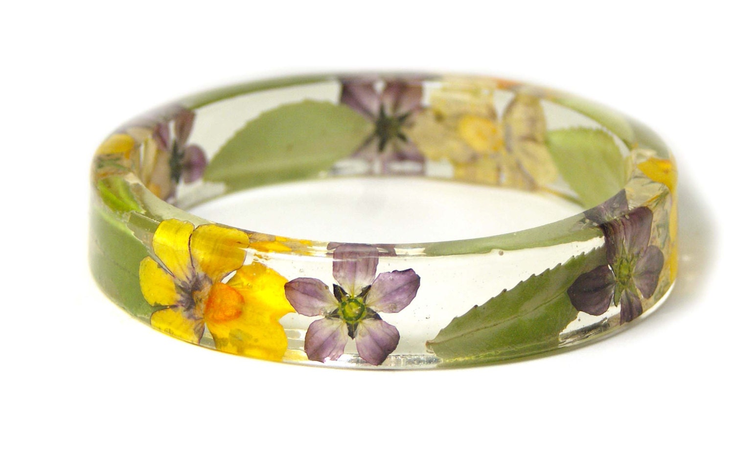 Flower Jewelry- Tropical Jewelry- Jewelry with Real Flowers- Yellow Dried Flowers- Purple Flowers-Resin Jewelry-Green Bracelet
