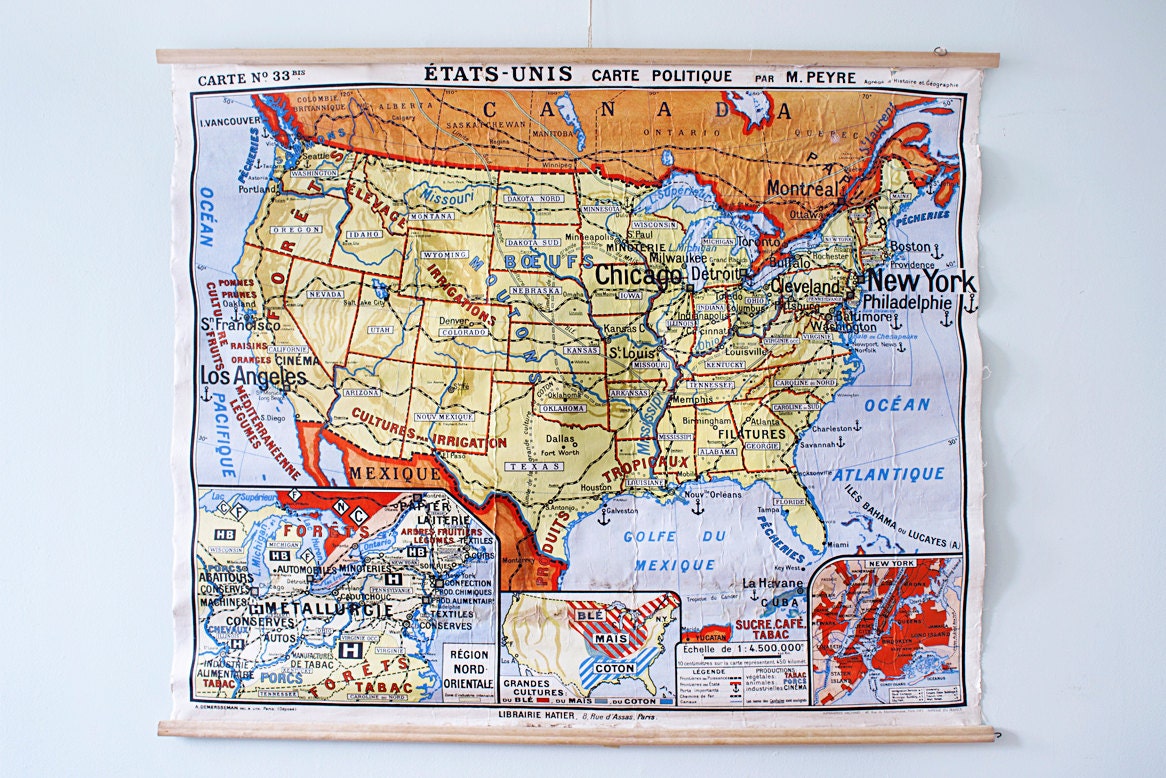 Vibrant Vintage 1950's Pull Down Classroom Map - Map of United States - US - USA