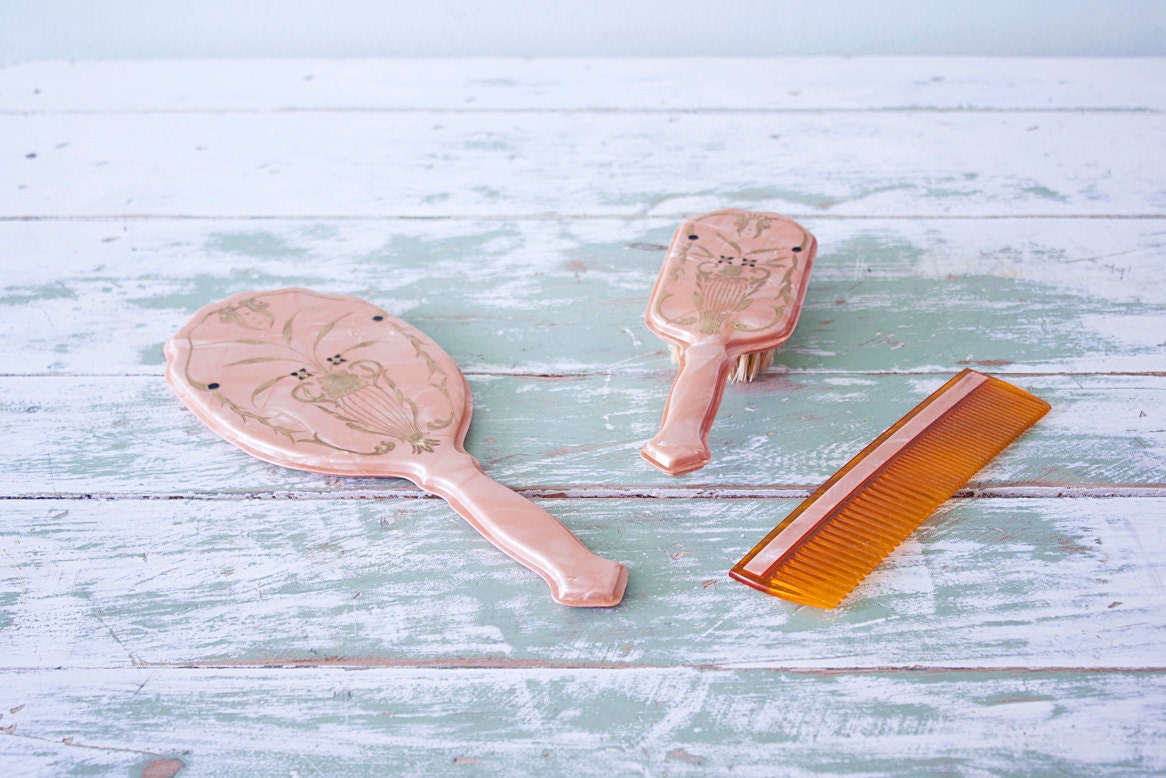 Antique Celluloid Pink Pearl Art Nouveau Vanity Set - Pigeonatelier