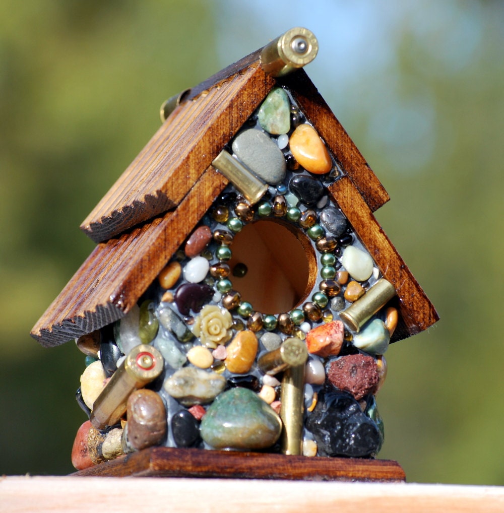 Mosaic Bullet Shell Birdhouse with a Bear