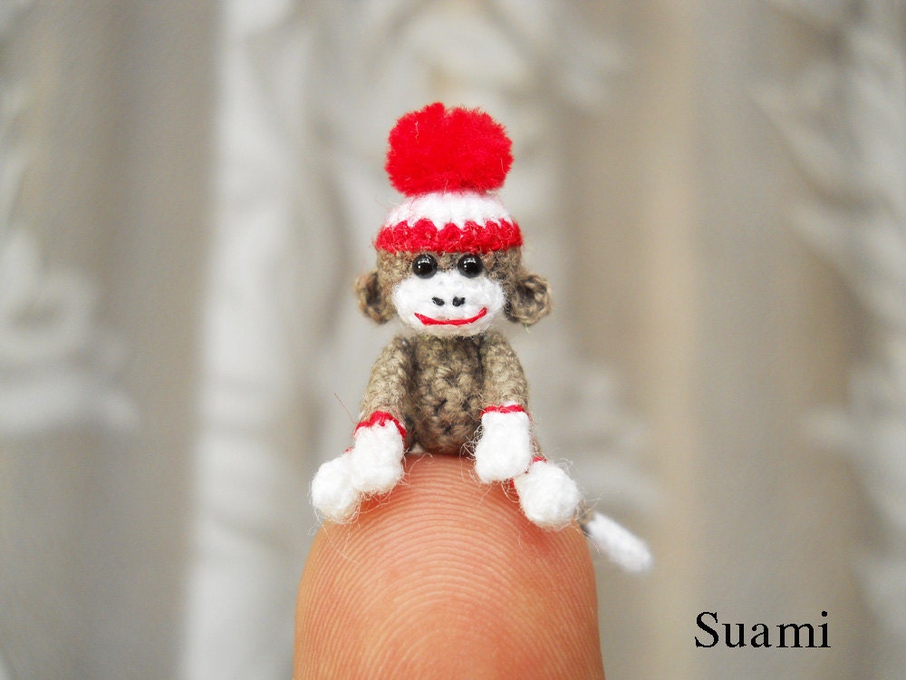 Sock Monkey Pom Pom Hat - 1 Inch Tiny Crocheted Gray Sock Monkeys - Made To Order