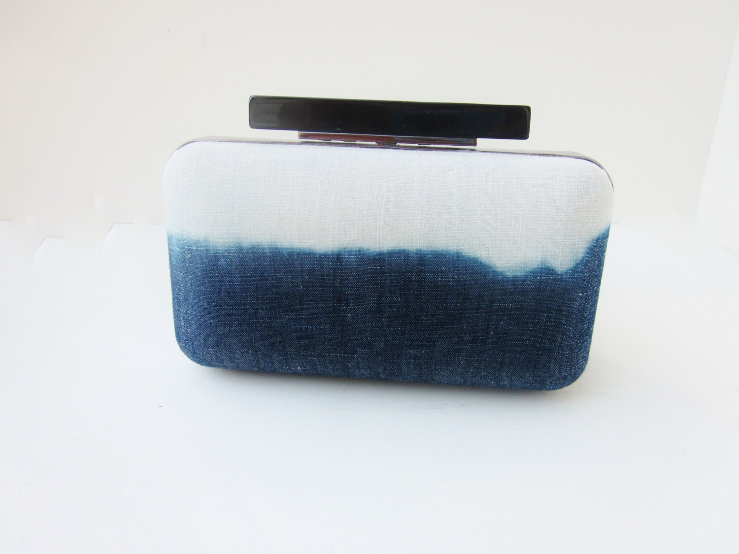 dip dyed clutch purse, chambray dip dyed clutch purse, dip dyed minaudiere, tie dye bag, tie dye clutch