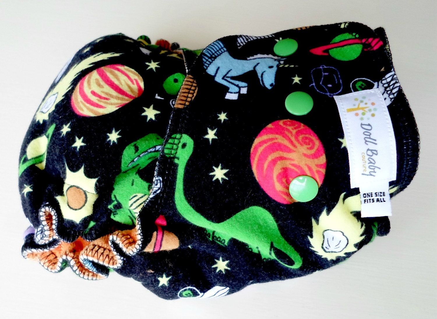 Fitted Diaper in Space Dinos - OS 12lbs-35lbs - serged orange cv