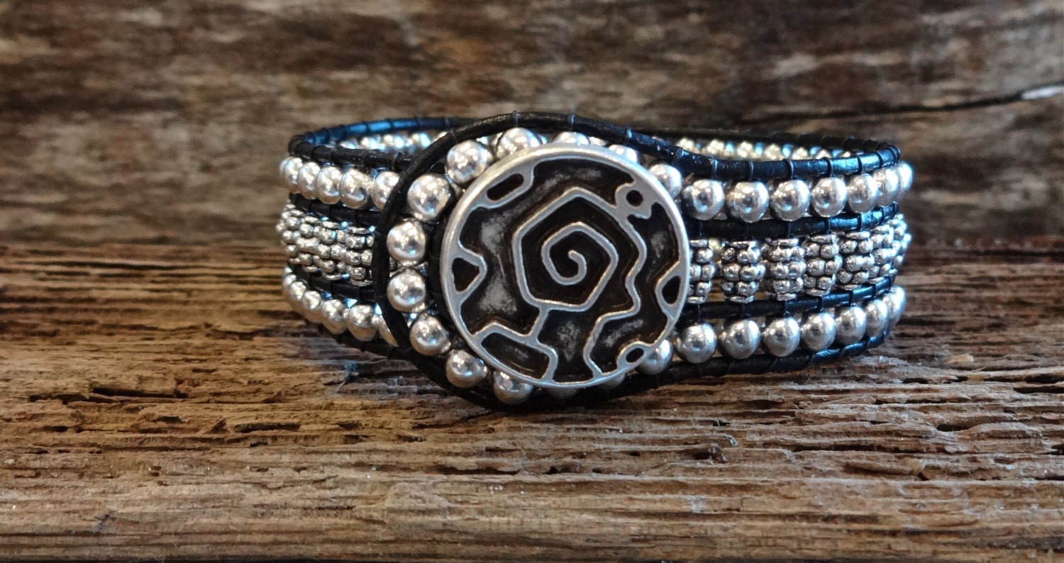 Leather Wrap Cuff Bracelet with Tibetan Silver beads