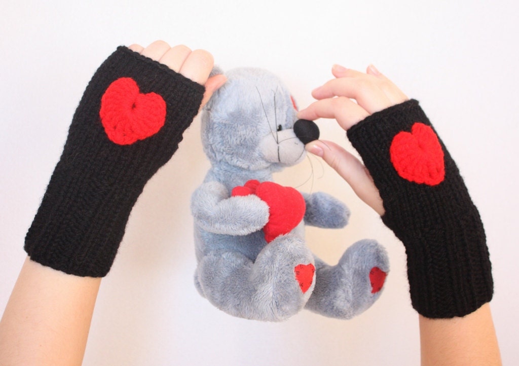 Fingerless Heart Gloves Knit Fingerless Mittens Red Heart Crochet Valentines Day Arm Warmers Gift For Her