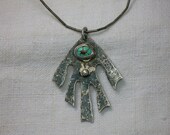 Vintage Necklace: Sterling Hamsa, Abstract Modern 1960s, w/ Turquoise Evil Eye