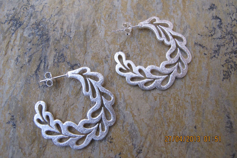 Leave Shaped Sterling Silver Hoop Earrings