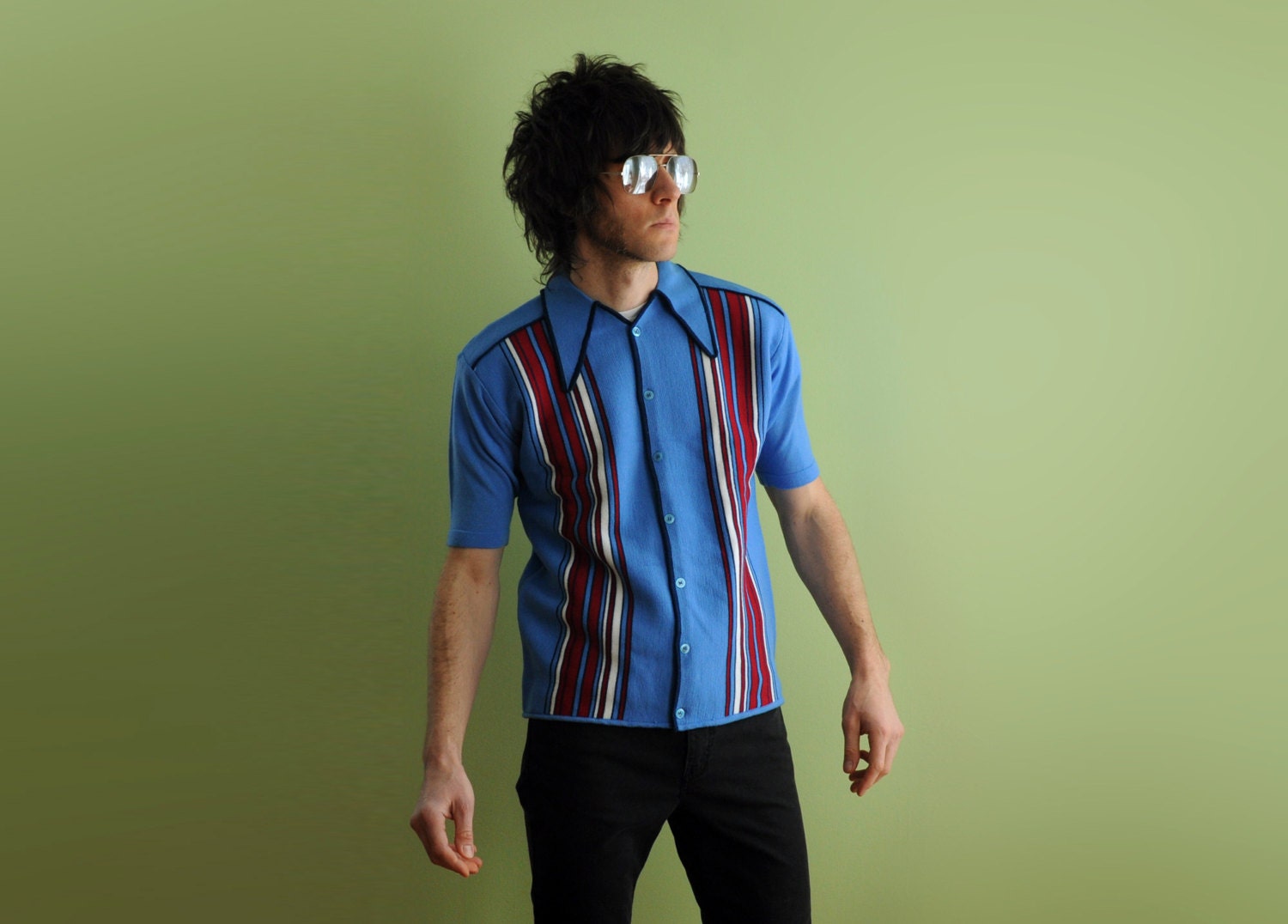 60s knit shirt 1960 rockabilly sky blue striped button up polo Golden Warrior medium large